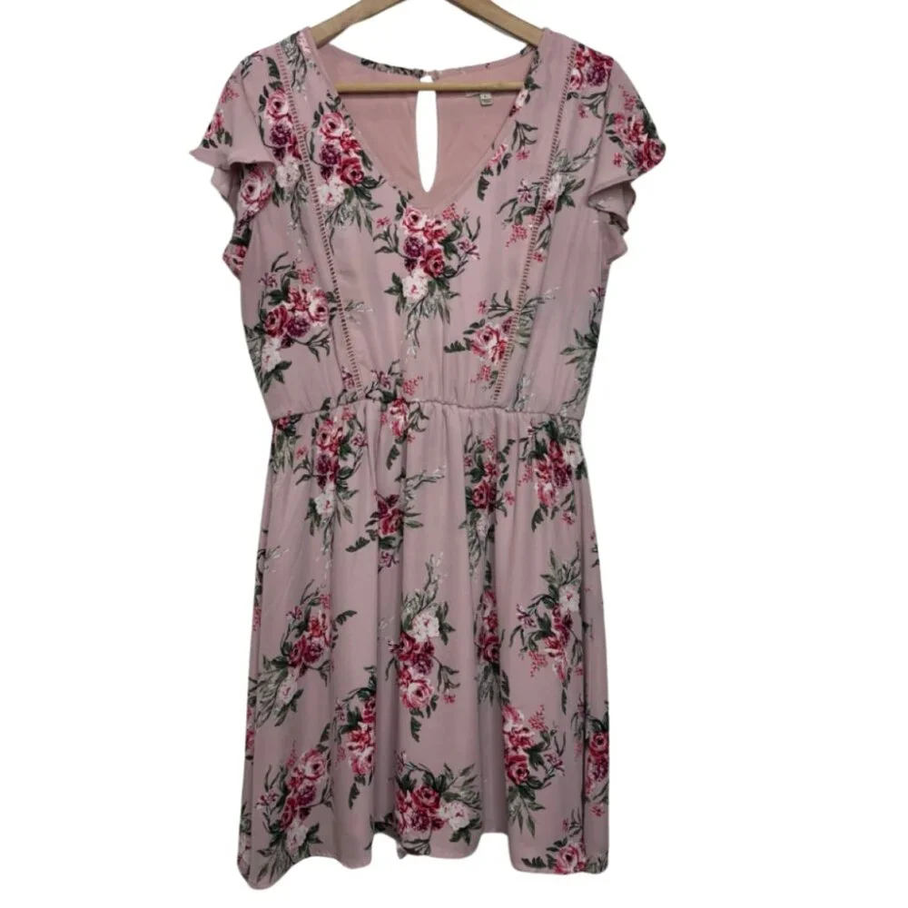 LILY STAR | Women's Pink Floral Short Sleeve Mini Dress | Size L - Picture 1 of 12